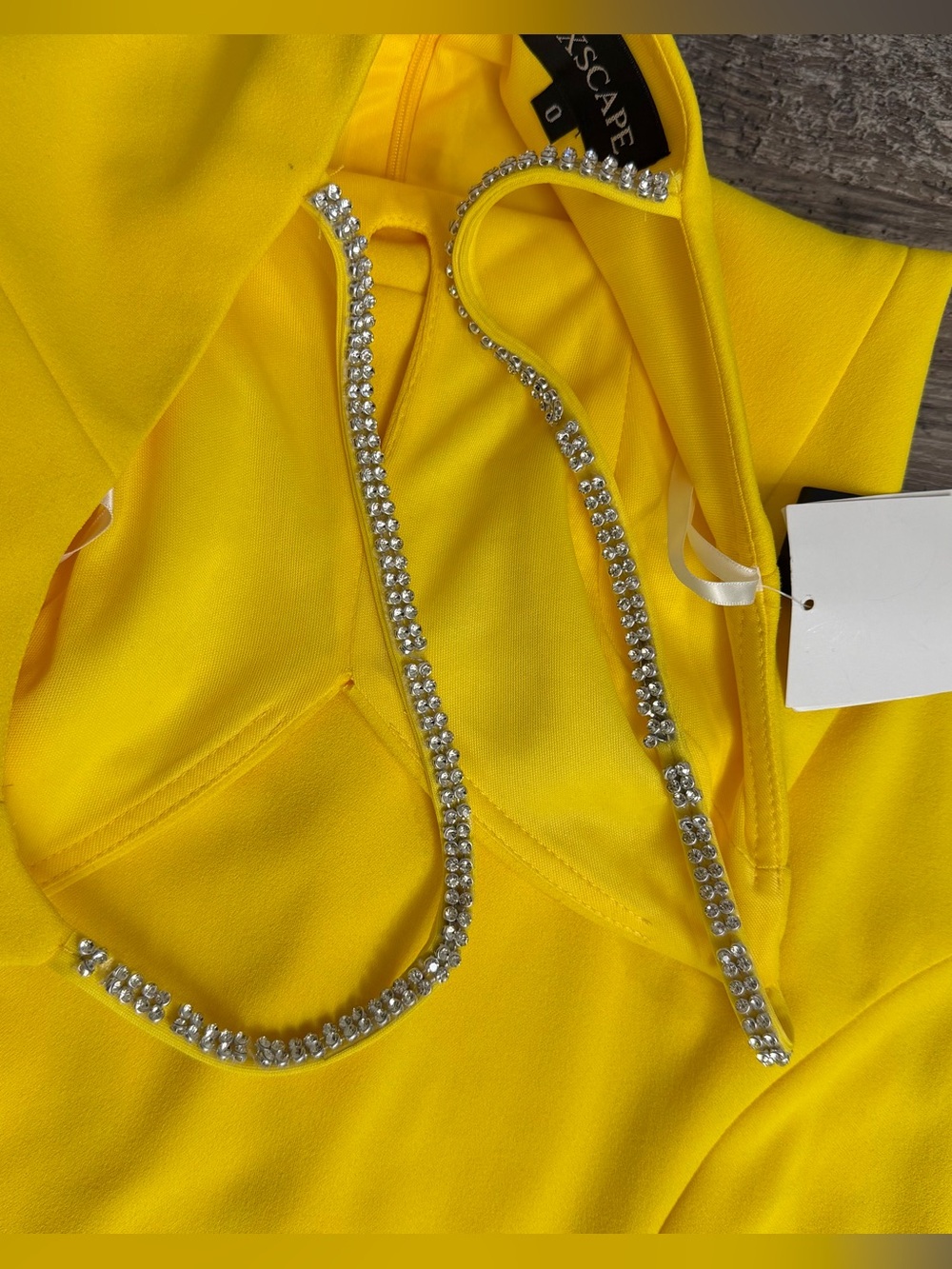 Xscape Yellow Rhinestone Spaghetti Strap Front-Slit Gown Size 0 - Picture 7 of 9